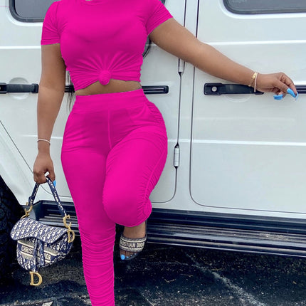 Women Clothing Ruched Short-Sleeved Suit T-shirt Two-Piece Set Solid Color Tight Summer