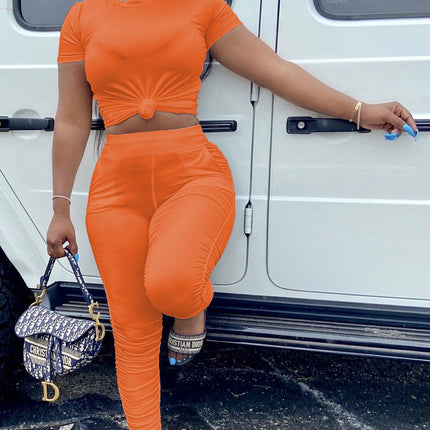 Women Clothing Ruched Short-Sleeved Suit T-shirt Two-Piece Set Solid Color Tight Summer