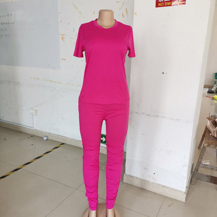 Women Clothing Ruched Short-Sleeved Suit T-shirt Two-Piece Set Solid Color Tight Summer