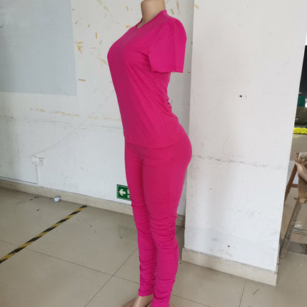 Women Clothing Ruched Short-Sleeved Suit T-shirt Two-Piece Set Solid Color Tight Summer