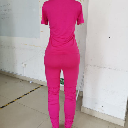 Women Clothing Ruched Short-Sleeved Suit T-shirt Two-Piece Set Solid Color Tight Summer