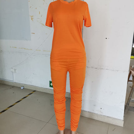 Women Clothing Ruched Short-Sleeved Suit T-shirt Two-Piece Set Solid Color Tight Summer