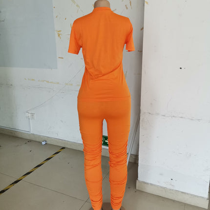 Women Clothing Ruched Short-Sleeved Suit T-shirt Two-Piece Set Solid Color Tight Summer
