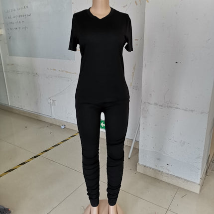 Women Clothing Ruched Short-Sleeved Suit T-shirt Two-Piece Set Solid Color Tight Summer