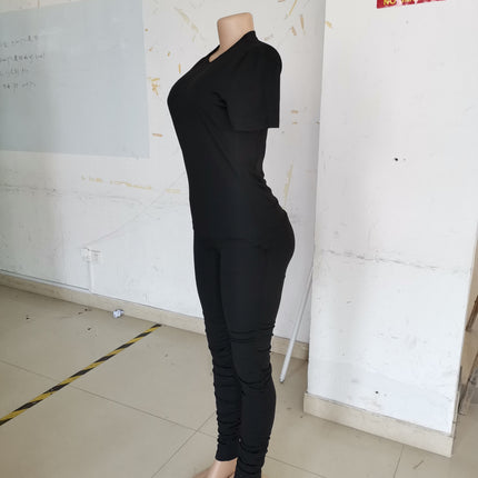 Women Clothing Ruched Short-Sleeved Suit T-shirt Two-Piece Set Solid Color Tight Summer