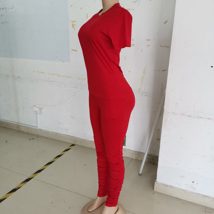 Women Clothing Ruched Short-Sleeved Suit T-shirt Two-Piece Set Solid Color Tight Summer