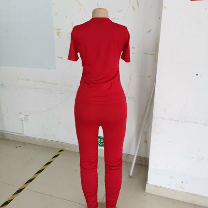 Women Clothing Ruched Short-Sleeved Suit T-shirt Two-Piece Set Solid Color Tight Summer