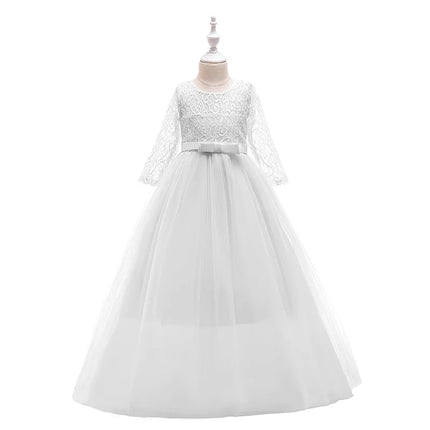 Long Sleeve White Lace Bridesmaid Dresses For Girls Children Formal Evening Gown Elegant Kids Girl Birthday Wedding Party Dress