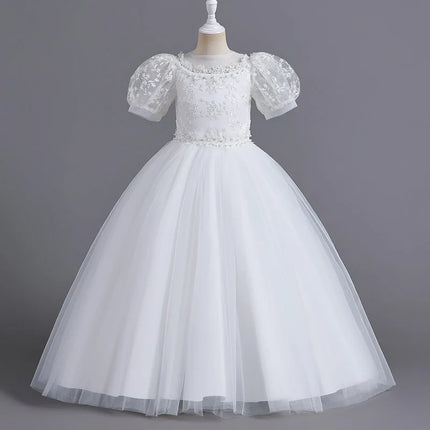 8901 Children's Dress for Girls' 4-12 Years Old Princess Sequin Bubble Sleeve Long Mesh Flower Girl Wedding Little Summer