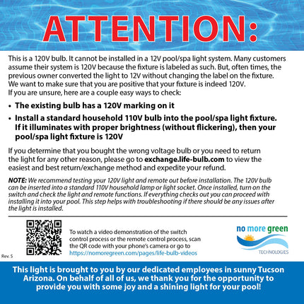 Life-Bulb Color LED Pool Replacement Bulb (E26 Base) | Replaces Pentair Amerlite & Hayward AstroLite (120V) | Lifetime Replacement Program