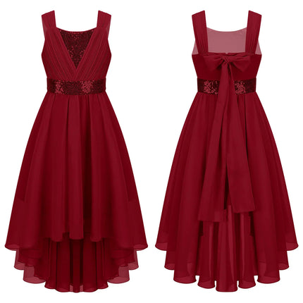 Kids Girls Sequins Ruched Party Birthday Wedding Bridesmaid Dress Sleeveless High-low Hem Summer Chiffon Princess Dress