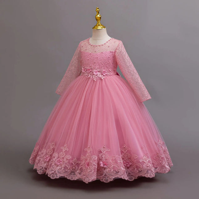New Long Sleeve Elegant Dress for Young Girls Flower Girl Wedding Dresses Lace Formal White Clothes From 4 to12 Years