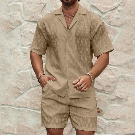 Men Tracksuits Summer Fashion Solid Loose Casual Two Pieces Lapel Button Shirt Shorts Beach Holiday All-match Outfits Male