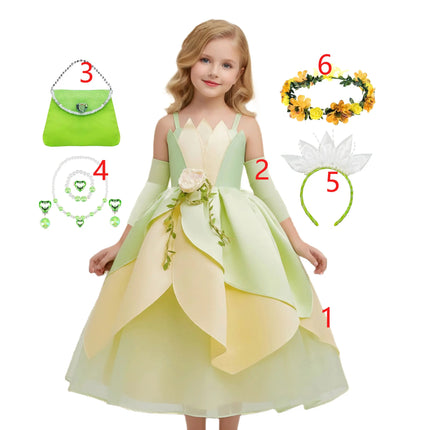 Summer Delicate Yellow Green Frock Flower Girls Wedding Party Dress Birthday Tiana Cosplay Princess and Frog Fairy Tale Costume