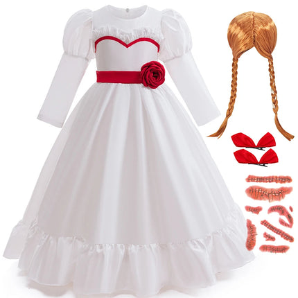 Horror Movie Annabelle Cosplay Costume Girl Long Sleeve Rose Dress For Kid Scary Ghost Role Play Halloween Carnival Party Outfit