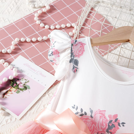Toddler Girls Floral Print Fly Sleeve Princess Dress Pink Sash Bow Tulle Tutu Dress Kids Summer Birthday Party Casual Wedding Pa
