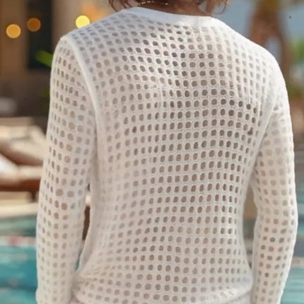 Men's Simple Sexy Mesh Tops Spring/Summer American Casual Fashion Round Neck Hollow Out Knitted Long Sleeve T-shirt