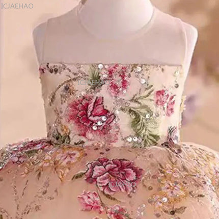 Elegant Embroidered Floral Dress Children Strapless Sash Bow Sleeveless Wedding Festival Party Ball Gown Girls Formal Costume