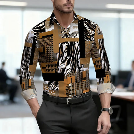 Men's shirt, personalized contrasting color abstract printed shirt, trendy artistic style, long sleeved lapel shirt, casual top