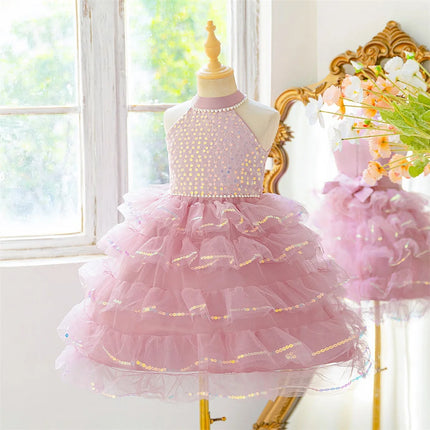 Girl Sequins Ball Gown Mesh Layered Dress Elegant Princess Wedding Childrens Birthday Party Piano Fashion Performance Costume