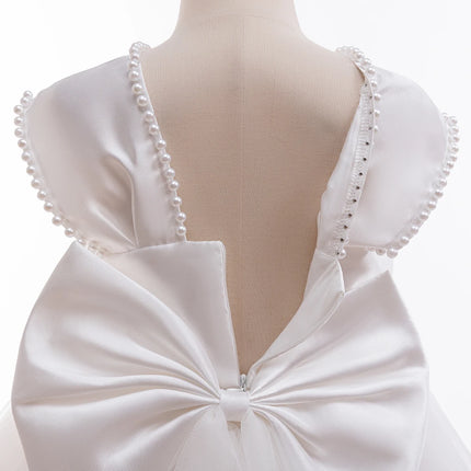 Children Girls Elegant Birthday Tulle Princess Dress Bow Wedding Party Gown For Kids Formal Evening White Pearls Bowknot Vestido