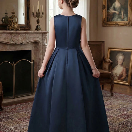 Teen Girl Wedding Party Dress Long Evening Gown Dark Blue High-Class Satin with Irregular Skirt Flare,Formal Occasions,Banquets