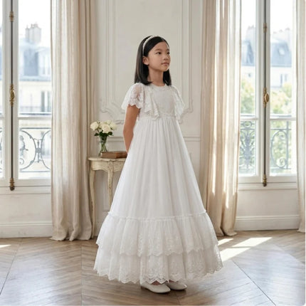 White Lace First Communion Dress Tiered Ruffle Hem Floor Length Tulle Flower Girl Dress Kids Church Baptism Wedding Birthday