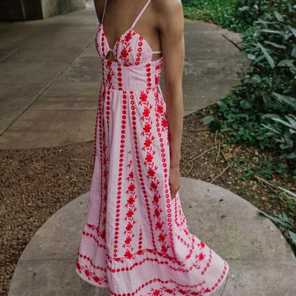 Women Clothing Summer V neck Hollow Out Cutout Embroidered Midi Strap Dress