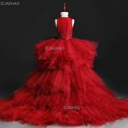 Red Flower Girl Dress Princess Pageant Gown Children Wedding Clothing Fashion Evening Party Birthday Performance Formal Outfit
