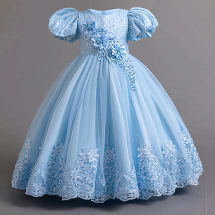 Elegant Bridesmaids Party Girls Dresses Puff Sleeve Tulle Wedding Costume Flower Birthday Princess Dress Girls Baptism Prom Gown