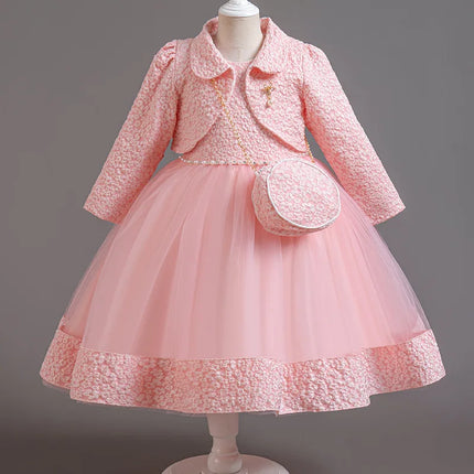 Spring Flower Girl Elegant Dresses for Wedding Girls’ Formal Dress with Bag 3 PC Set Long Sleeve Kids' Clothes 3 to 12 Years