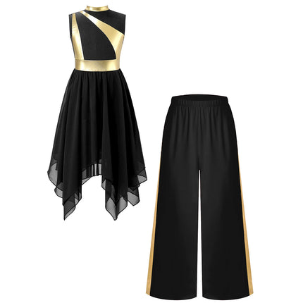 Kids Girls Liturgical Praise Dance Sets Metallic Patchwork Sleeveless Asymmetrical Hem Lyrical Church Dress with Wide-Leg Pants