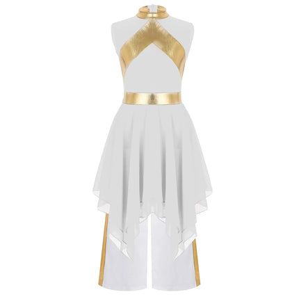 Kids Girl Worship Praise Dance Outfit Metallic Contrast Color Sleeveless Asymmetrical Hem Dress+Wide-Leg Pants for Church Events