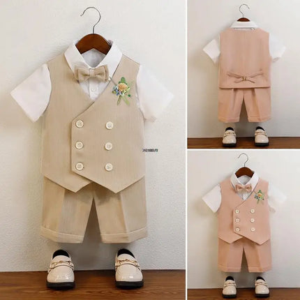Boys Summer Vest Shorts Performance Suit Children Formal Wedding Dress Kids Photography Suit Baby Birthday Ceremony Costume