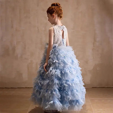 Jill Wish J299 Elegant Blue Feather Flower Girl Dress Pearls Princess Children Wedding Birthday Pageant Party Evening Gown