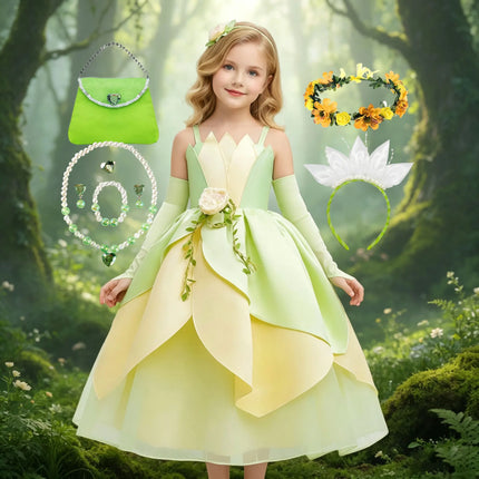 Summer Delicate Yellow Green Frock Flower Girls Wedding Party Dress Birthday Tiana Cosplay Princess and Frog Fairy Tale Costume