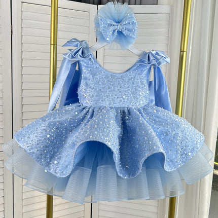 KLFLDG Light luxury baby girl beauty pageant dress with sequins, big bow, birthday party dress, 2-8 year old flower girl wedding