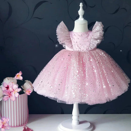Toddler Baby Girls Luxury Star Sequins Flying Sleeve Bow Princess Dress For Infant 1st Year Birthday Baptism Christmas Prom Gown