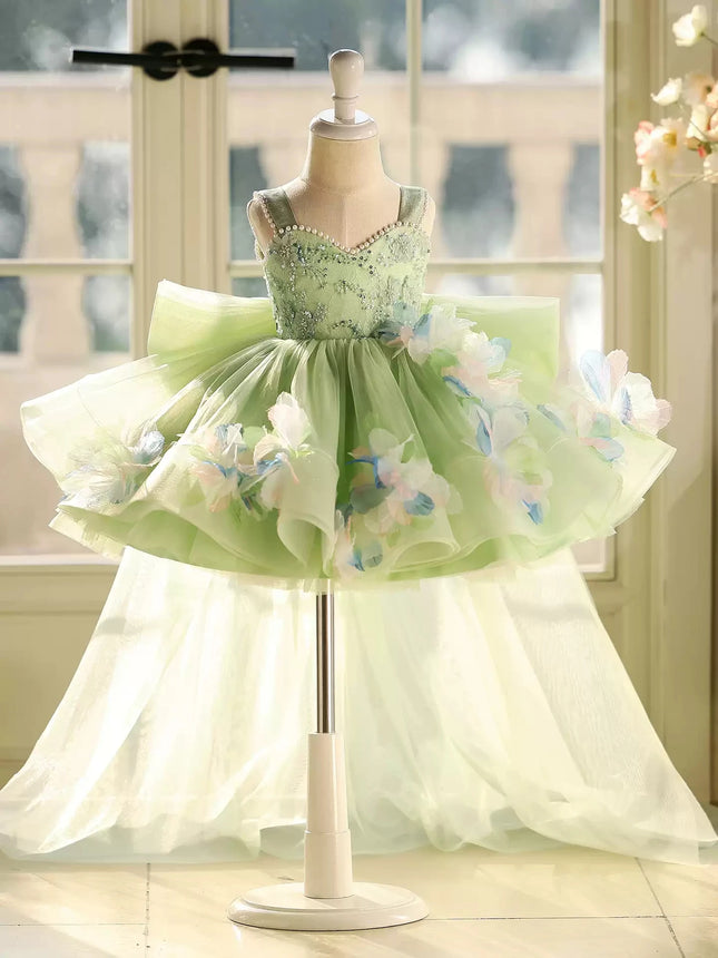 Luxurious and Elegant Girls Summer Dress Green Flower Girl Wedding Dress Children's Birthday Piano Performance Tail Princess Dre