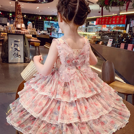 Summer Kids Girl Multi-Layered Ruffle Dress with Butterfly for Baby Princess Tiered Cake Dresses Child Cute Wedding Party Outfit