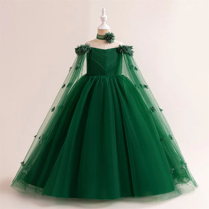 Elegant Girls Flower Long Party Dress Kids Fluffy Wedding Bridesmaid Prom Gown Girl 2pcs Tutu Birthday Clothes Fashion Costumes