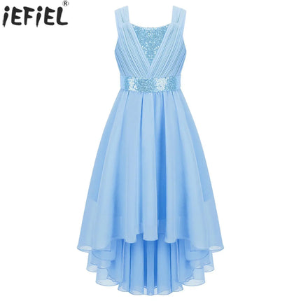 Kids Girls Sequins Ruched Party Birthday Wedding Bridesmaid Dress Sleeveless High-low Hem Summer Chiffon Princess Dress