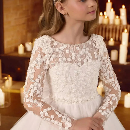 Customized White Flower Girl Dress For Wedding Glitter Bowknot Beading Pearls Appliques Kids Birthday First Communion Gown