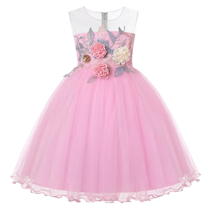 Girls' net-silk embroidered flower wedding birthday party lace princess dress, carnival Christmas dance performance outfit