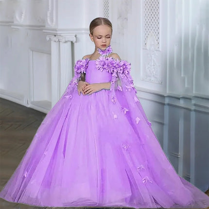 Elegant Girls Flower Long Party Dress Kids Fluffy Wedding Bridesmaid Prom Gown Girl 2pcs Tutu Birthday Clothes Fashion Costumes