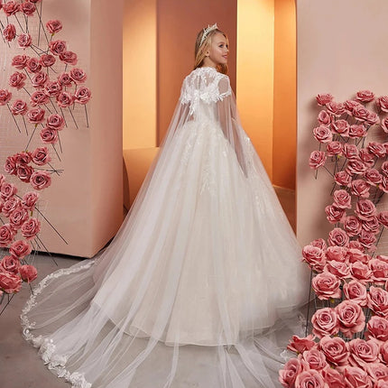 Lace Tulle Flower Girl Dress For Wedding Sleeveless with Cape Puffy Shining Elegant Princess First Communion Birthday Gowns 2024