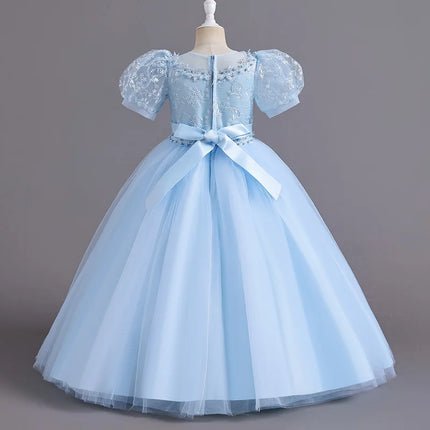 8901 Children's Dress for Girls' 4-12 Years Old Princess Sequin Bubble Sleeve Long Mesh Flower Girl Wedding Little Summer