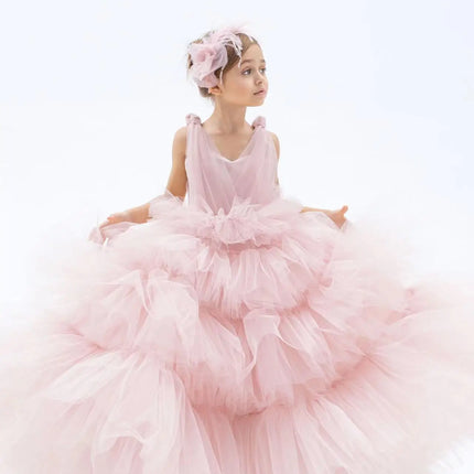 Customized Flower Gir Dress For Wedding Light Pink Tiered Tulle Sleeveless Fluffy Child First Eucharistic Birthday Party Dresses