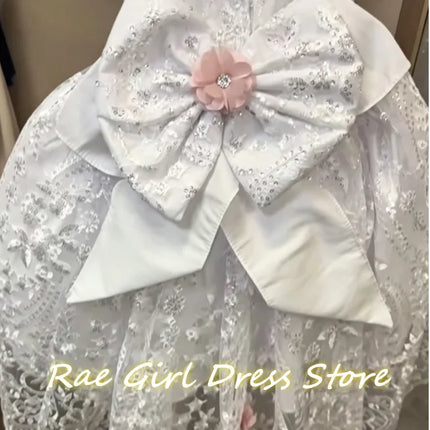 White Rhinestone Lace Flower Girl Dress For Baptism Church Midi Length Round Cap Short Sleeve 3D Pink Floral Kids Formal Gowns