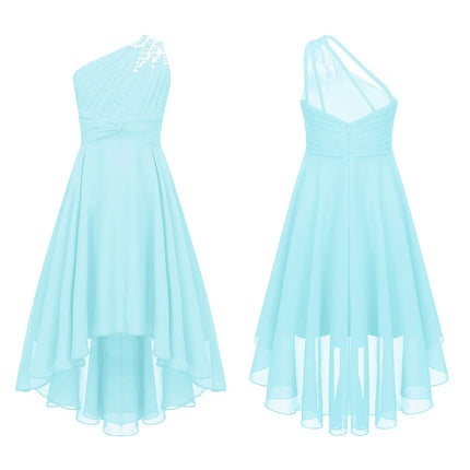 Kids Girls Sequins Ruched Party Birthday Wedding Bridesmaid Dress Sleeveless High-low Hem Summer Chiffon Princess Dress